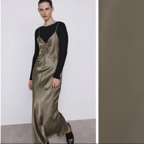 ZARA Sleeveless Ruched Maxi Dress Green Grey S - Picture 14 of 16